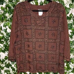 Brown 3/4 sleeve boho hippie fairy core top
